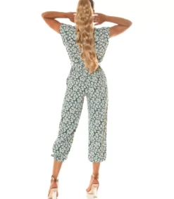 Koucla Vihreä auringonkukkakuvioinen jumpsuit vyöllä
