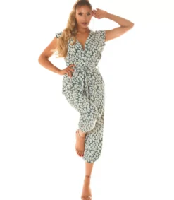 Koucla Vihreä auringonkukkakuvioinen jumpsuit vyöllä
