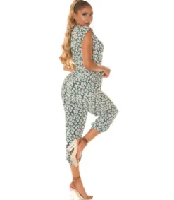 Koucla Vihreä auringonkukkakuvioinen jumpsuit vyöllä