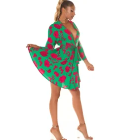 Koucla Vihreäpunainen kukkakuvioinen wrap-look v-mekko