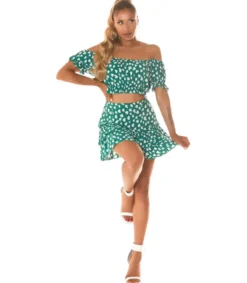 Koucla Vihreävalkoinen off-shoulder hamesetti