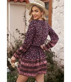 LC Violetti kukkakuvioinen boho mekko