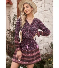 LC Violetti kukkakuvioinen boho mekko