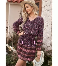 LC Violetti kukkakuvioinen boho mekko