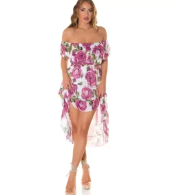 Koucla Violetti ruusukuvioinen off-shoulder high low -mekko ketjuvyöllä
