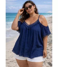 Hersecret World Fashion koristekirjailtu tummansininen lyhythihainen paita (plus size)