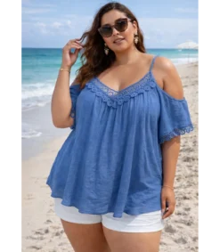 Hersecret Word Fashion koristekirjaitu vaaeansininen yhythihainen paita (pus size)