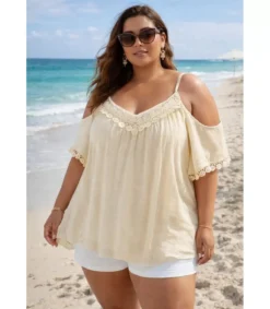 Hersecret Word Fashion koristekirjaitu beige yhythihainen paita (pus size)