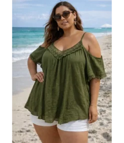 Hersecret World Fashion koristekirjailtu khaki lyhythihainen paita (plus size)