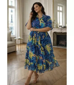 Hersecret Word Fashion tummansininen ehtikuvioinen pitkä paitamekko vyöä (pus size)